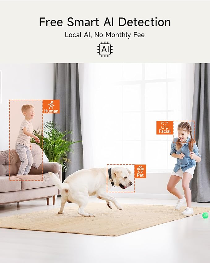 Smart 3K Indoor Dome Security Camera with AI Human/Pet/Facial Detection, 360° Pan-Tilt Coverage, 2-Way Audio, 2.4GHz 5GHz Dual-Band Wi-Fi - Includes 64GB SD Card & No Subscription Needed - Image 3