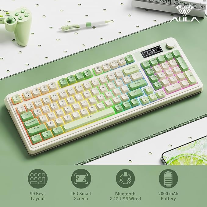 AULA S99 Pro Wireless Keyboard, Display Screen & Media Knob, Tri-Mode Bluetooth/2.4G/USB-C RGB Creamy Gaming Keyboard with Number Pad Macro Keys, Custom Computer Keyboards for Laptop PC Gamer - Green - Image 2