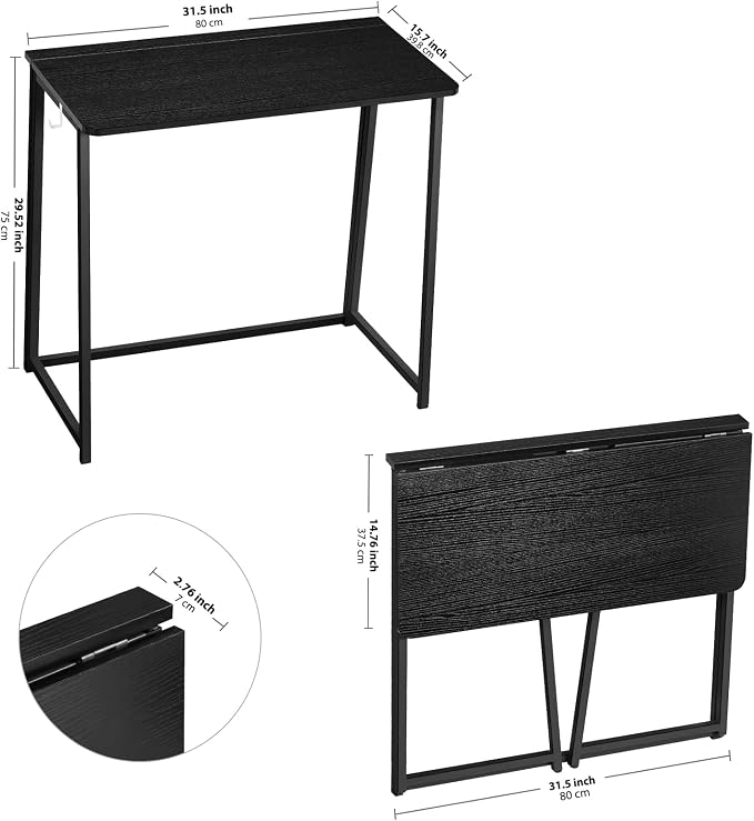WOHOMO Folding Desk, 31.5" Foldable Computer Table for Small Spaces, Black | Easy Assembly and Fold, Sturdy Home office desks for Study Bedroom Dorm Space Saving Writing Work Apartment - Image 3