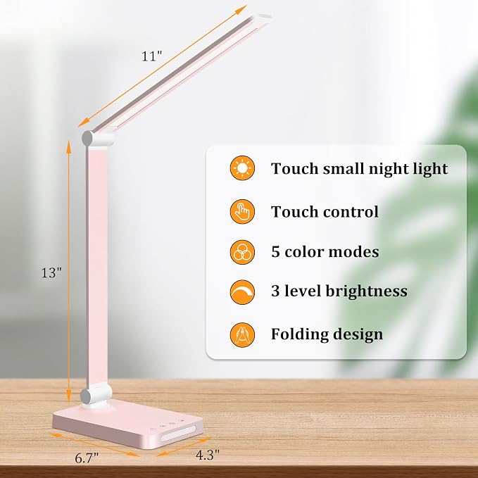 LED Desk Lamp with USB Ports,Touch Desk Lamps for Home Office with 5 Modes | 3 Brightness Desk Light with Small Night Light,Reading Lamp Table Lamp for Bedroom Bedside Study Pink （with adapter） - Image 3