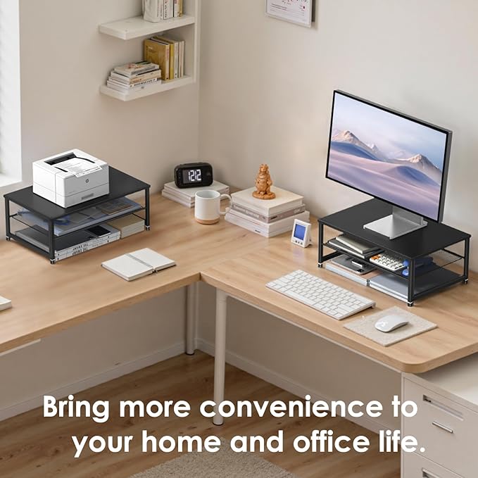 ECOLOVI 2-Tier Computer Monitor Stand Riser, Desk Organizer for Monitor, Printer & Laptop Stand, Desktop Workspace Organizers for Office Supplies(Black) - Image 4