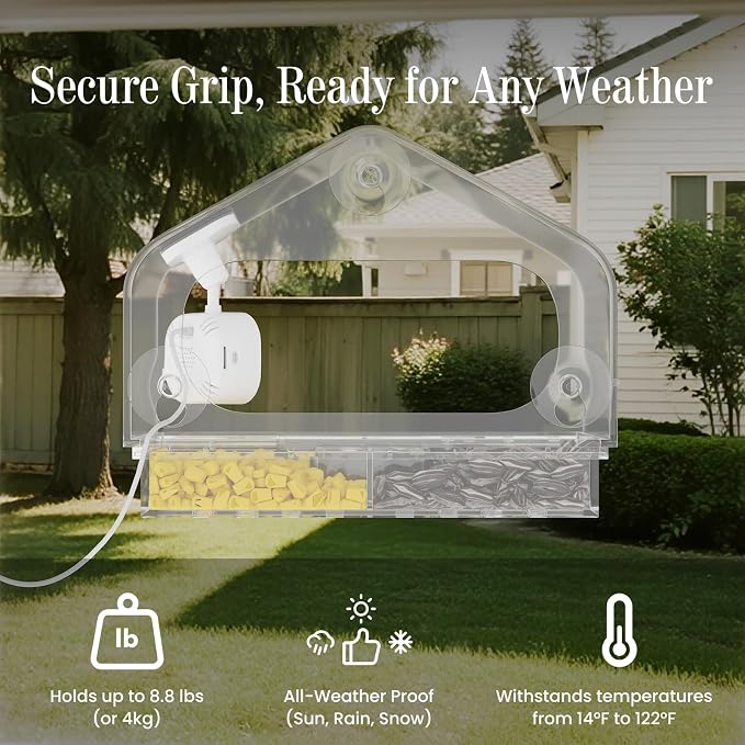 Smart Window Bird Feeder Camera with AI, Modern Design for Panoramic Views, 2K HD Live Feed, USB Powered & Secure Suction Mount - The Ultimate Tech Gift (Clear) - Image 6