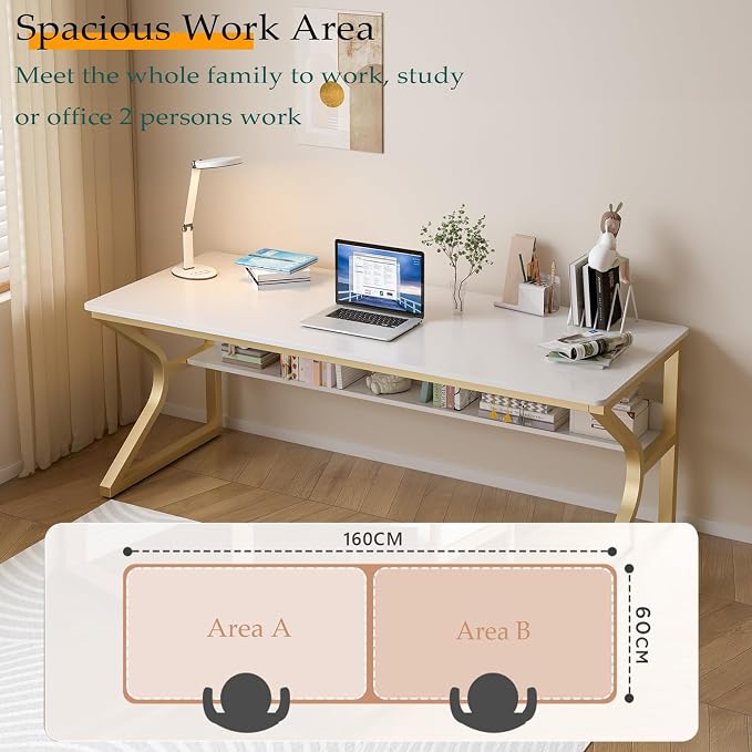 OSCHF 63-Inch Extra Long Desk with Storage Shelf, Gold | Double Long Writing Table, Space-saving, 2-Person Workstation, Modern Study Work Computer Desk, For Home Office - Image 3