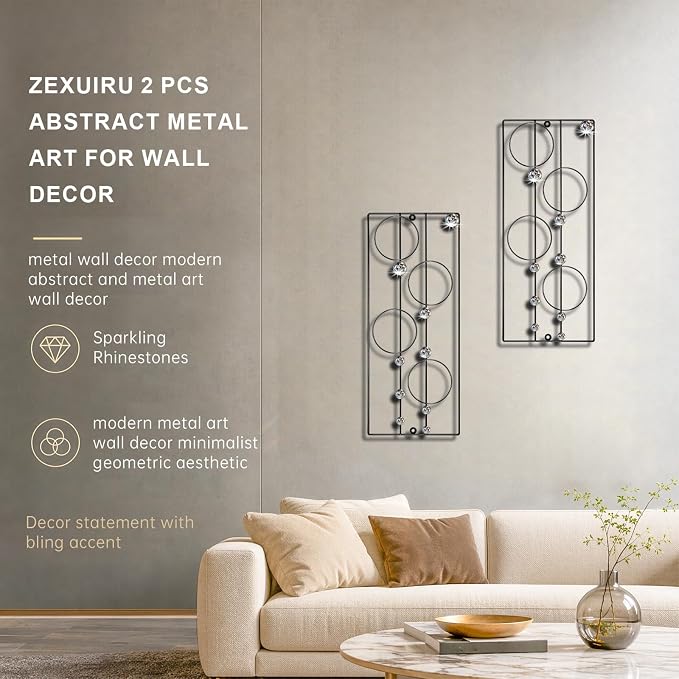 ZEXUIRU 2 Pcs. Abstract Metal Art for Wall Decor Living Room Bedroom Bathroom Office Metal Bling Modern Geometric Hanging Vertical Small Iron Sculpture Plaque Pack -Black 24in - Image 3