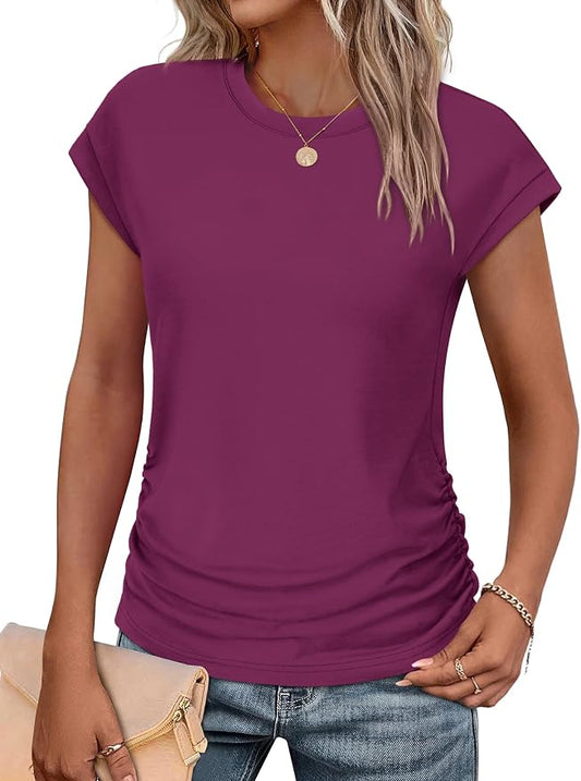 Sampeel Womens Summer Tops Trendy 2026 Ruched Cap Short Sleeve Tshirts Shirts Crew Neck T Shirts Fashion by SAMPEEL