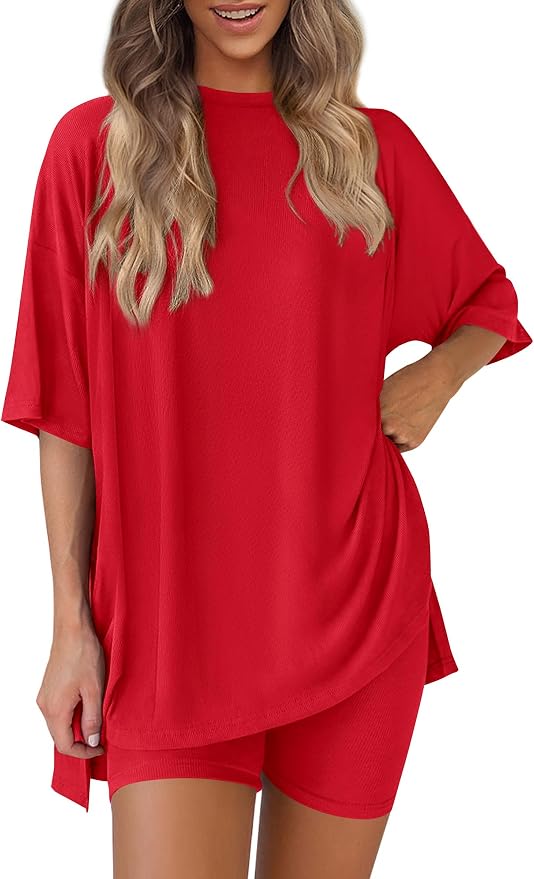 PRETTYGARDEN Women 2 Piece Lounge Set 2026 Summer Casual Oversized Shirts Biker Shorts Matching Airport Travel Outfit Clothes by PRETTYGARDEN