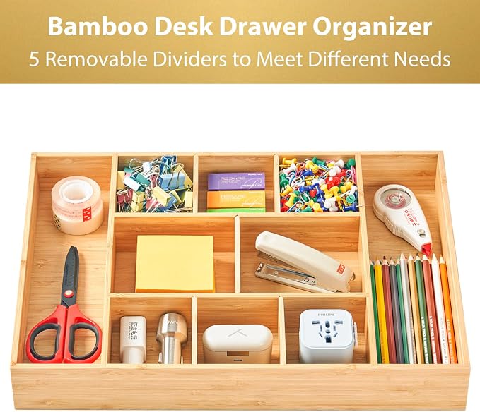 Umilife Extra Large Bamboo Desk Drawer Organizer, Wood Junk Organizer Tray with Adjustable Dividers, Anti-Skip Storage Organization in Office Bathroom Drawer for Vanity, Makeup, 17" x 12" - Image 2