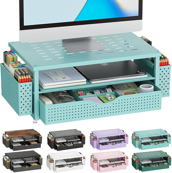 gianotter Desk Organizers and Accessories, Monitor Stand with Drawer and 2 Pen Holder, Desktop Organizer Suitable for Offices and Dormitories (Blue) by gianotter