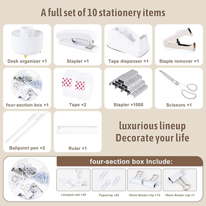 Gawsey White Desk Organizers and Accessories with Desk Organizer 360° Rotating Pen Holder and Office Supplies, Cute Stationery Supplies Set - Image 4
