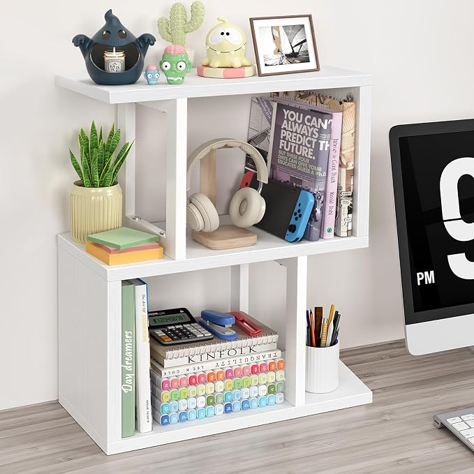 Small Desktop Bookshelf for Top of Desk Shelf - Mini White Table Bookcase 3-Tier Shelves Storage Book Organizer Hutch for Dorm Office College - Image 7