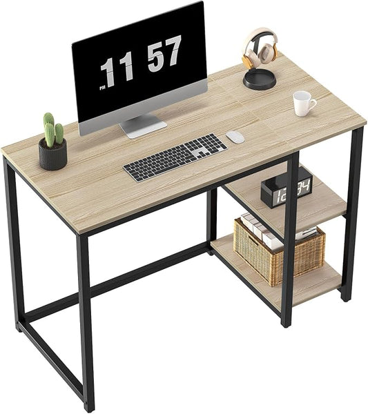 SINPAID 40'' Oak Computer Desk with Shelves, Sturdy Light Wood Desks with Storage Space, Modern Gaming Desk Study Writing Laptop Table, Beige by SINPAID