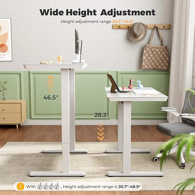 35" Electric Standing Desk with Drawer, One-Piece Glass Top | Quick Install One-Piece Tabletop with USB Charging Ports, Sit Stand Computer Desk with Wheels for Small Space, White - Image 4
