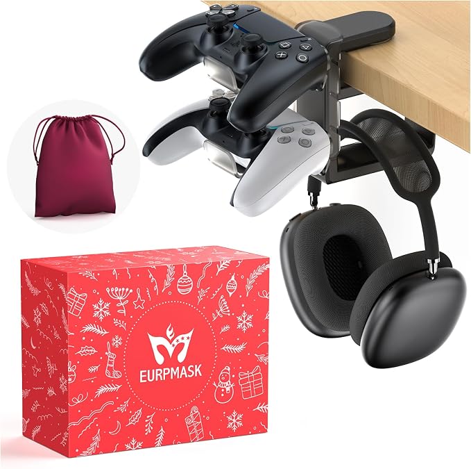3in1 Rotating Headphone Holder - EURPMASK 3in1 PC Gaming Headset Holder w/Detachable Controller Holder, Adjustable Clamp-on Headset Stand,Headphone Hanger Hook Under Desk w/Cable Clip Organizer,Black by EURPMASKChoosethecolorofeurope