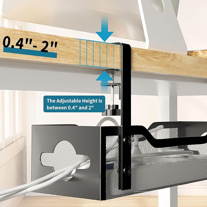 Under Desk Cable Management Tray Black, Litwaro Cable Management Under Desk No Drill, Cable Organizer with Clamp for Wire Management, Cord Organizer No Damage to Desk for Office, Home - Image 3