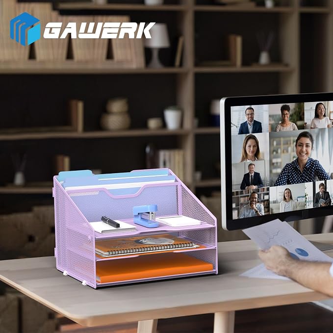 GAWERK Letter Tray Organizer, Mesh Desk File Organizer with 3 Paper Trays and 2 Vertical Upright Section (Purple) - Image 6