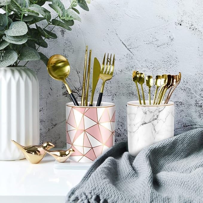 Pen Holder for Desk Cute, Modern Marble Desk Organizer, Durable Ceramic Pencil Cup, Makeup Brush Holder Cup, Multifunctional Office Stationery Holder for Women, Men, White Marble - Image 7