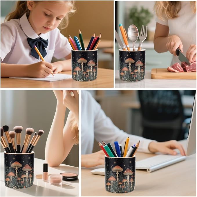 Cute Pen Pencil Holder for Desk, Durable Ceramic Organizer Decor for Room, Office, Classroom, Mushroom Pattern - Image 2