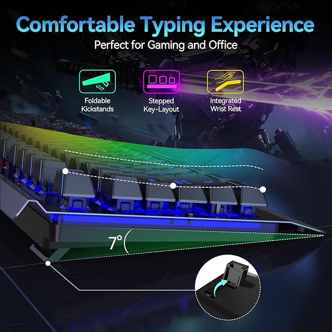 TECKNET Wireless Gaming Keyboard, 4000mAh Rechargeable Keyboard | 2-in-1 (2.4G Wireless & Wired) Connection, 15-Zone RGB Backlit, Whisper Quiet Design, 25 Anti-ghosting Keys, Metal Panel - Image 6