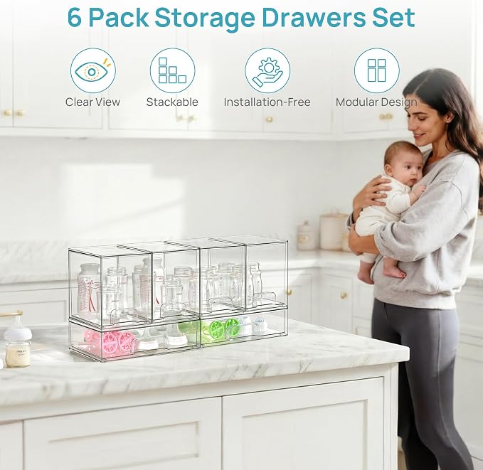 Vtopmart 6 Pack Baby Bottle Organizer Set, Stackable Storage Drawers Ideal for Kichen Countertop, Vanity, Bathroom, Cabinet, Pantry Organization - Image 3