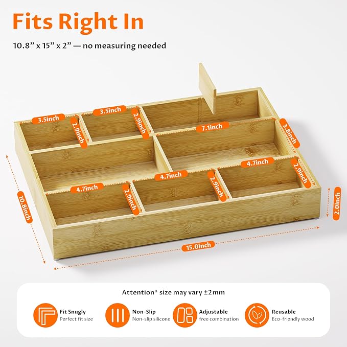 Bamboo Drawer Organizer with 9 Adjustable Compartments, Office Desk Organization Tray for Office Utensils, Supplies, Makeup, Jewelry, and More – Ideal for Desk or Drawer Storage - Image 2