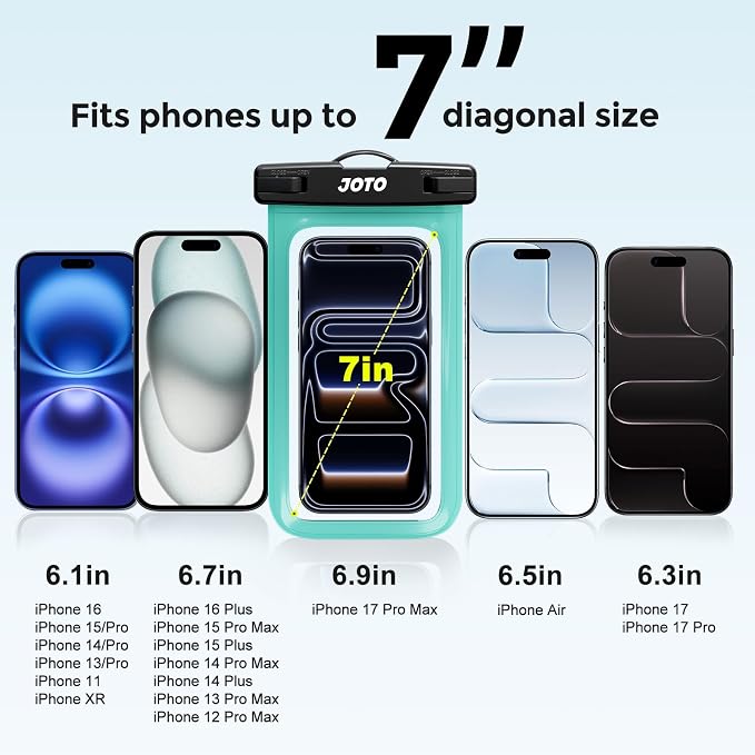 JOTO 2 Pack Universal Waterproof Phone Case for iPhone 17 Air 16 15 14 13 12 11 Plus Pro Max, IPX8 Cellphone Dry Bag XR X SE, Galaxy S23 S22 S21 S20+ S20 S10 Plus Note, Pixel up to 7" -Black/Green - Image 4