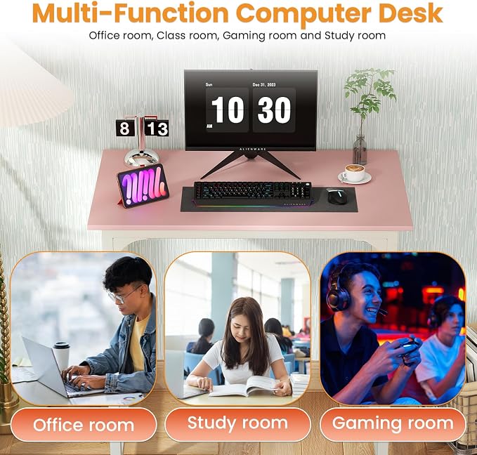 PayLessHere | 32 Inch Computer Desk | Pink | Office Desk with Metal Frame, Adjustable Feet | Water-Resistant, Scratchproof Surface | Sturdy Writing Table for Home Office or Study | Pack of 1 - Image 5