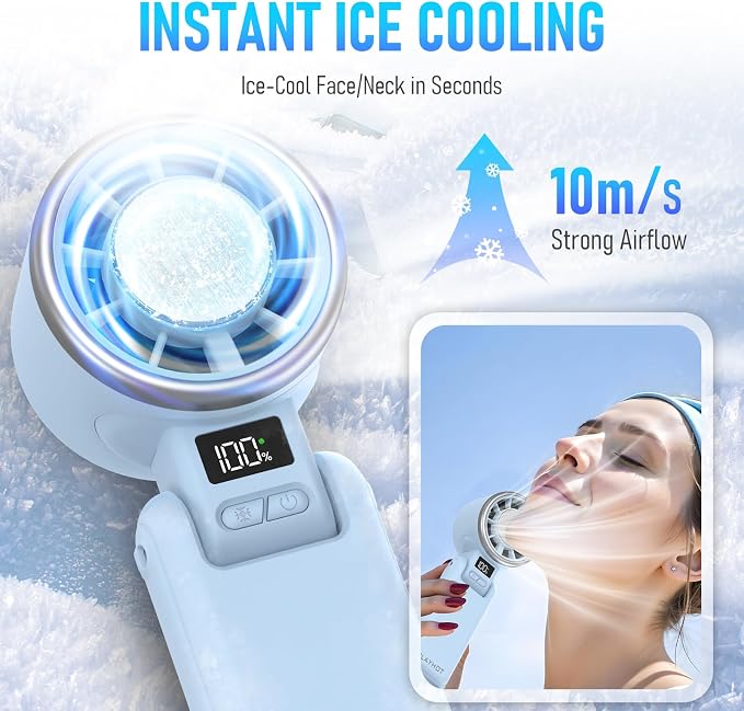 PlayHot Upgraded Portable Handheld Fan with 60°F Ice Cooling, Up tp 12Hrs Personal Fans Portable Rechargeable, 5 Speed 25550RPM Powerful Portables Fan Handheld, Hand/Neck/Desk Fan 3 IN 1(Blue) - Image 2