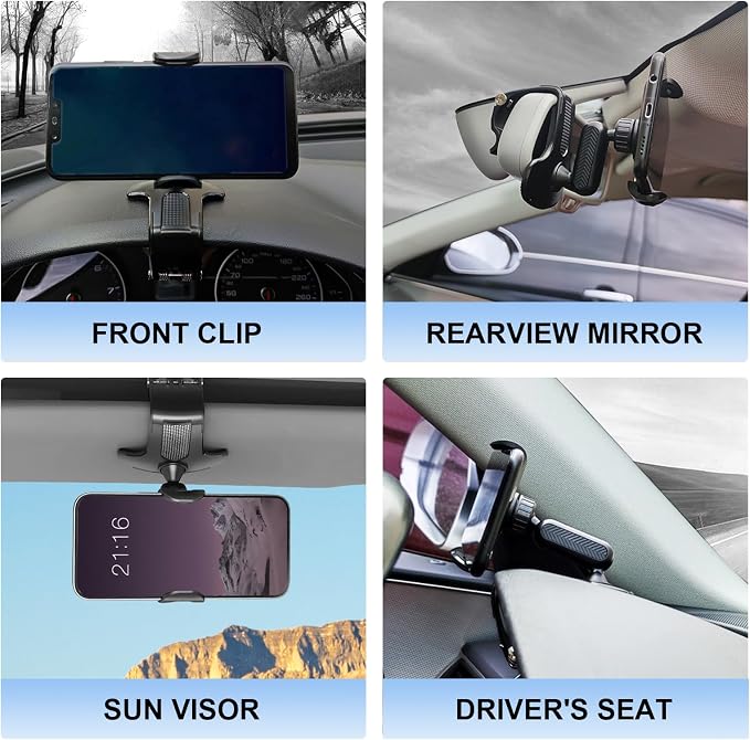 Car Phone Holder Mount, 360 Degree Rotation Car Dashboard Phone Holder, Universal Anti-Shake Dash Steering Wheel Cellphone Clamp Mount Stand for 4-7 Inch Smartphones (Black) - Image 7