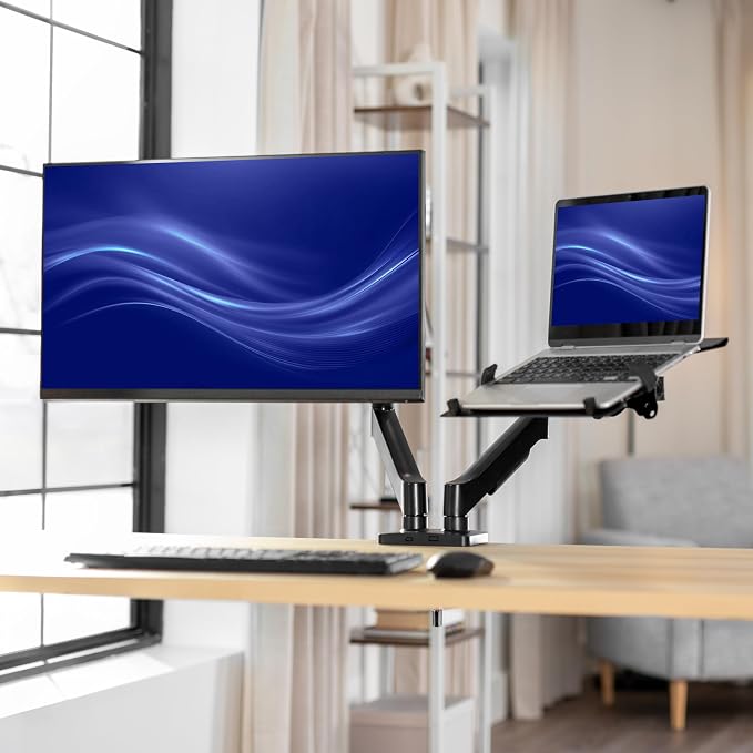 VIVO Universal Adjustable Monitor and Laptop Desk Mount, 17 to 32 inch Monitors, 10 to 15.6 inch Laptops, Dual Mechanical Arm VESA Notebook Stand with C-clamp and Grommet Options, Black, STAND-V002O-L - Image 2
