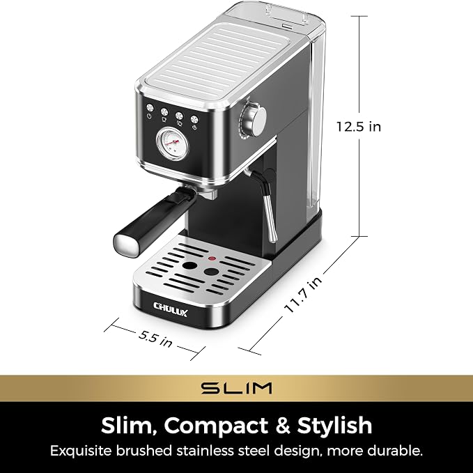 CHULUX Slim Espresso Machine with Milk Frother for Home Cappuccino, Black | Precise Pressure Gauge, Food-Grade Materials, 20 Bar Italian Pump, Professional Temperature Control System, Stainless Steel - Image 8