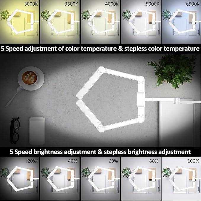 EPABINA LED Desk Lamp for Home Office, 41.5" White Clip on Architect Desk Lamp with Clamp, 24W Adjustable Dimmable Bright Swing Arm Eye Care LED Table Light Clamp on Office Lighting - Image 5