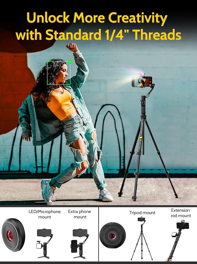 AOCHUAN 3-Axis Gimbal Stabilizer for iPhone & Android w/RGB Light, Handheld Phone Gimbal for Video Recording w/AI Tracking,1/4 Thread, Extendable Tripod, Padded Carry Bag(Smart X Complete Combo1) - Image 3