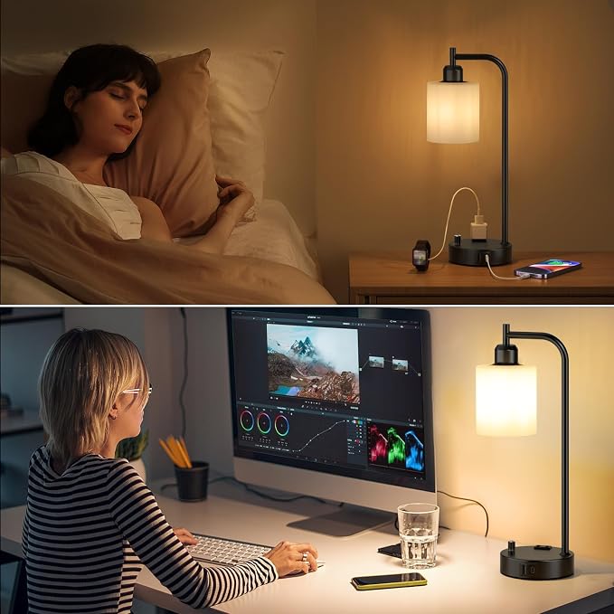 Industrial Bedroom Lamps for Nightstand Set of 2 - Fully Dimmable Bedside Lamps with USB A C Ports and Outlet, Black Table Lamps with Opal Glass Shade for Living Room, Desk Lamps for Office Reading - Image 7