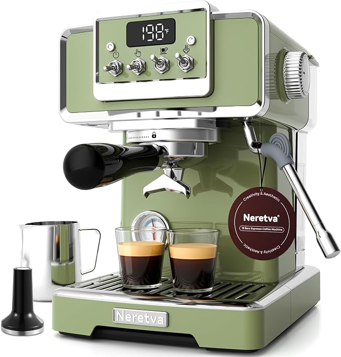 Neretva Professional Retro Espresso Machine with 58mm Portafilter, Green | Visible Pressure Gauge, Powerful Steam Wand, 15 Bar Stainless Steel Espresso Maker for home baristas to make latte cappuccino by CreativelyAesthetic