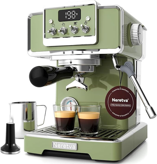 Neretva Professional Retro Espresso Machine with 58mm Portafilter, Green | Visible Pressure Gauge, Powerful Steam Wand, 15 Bar Stainless Steel Espresso Maker for home baristas to make latte cappuccino by CreativelyAesthetic