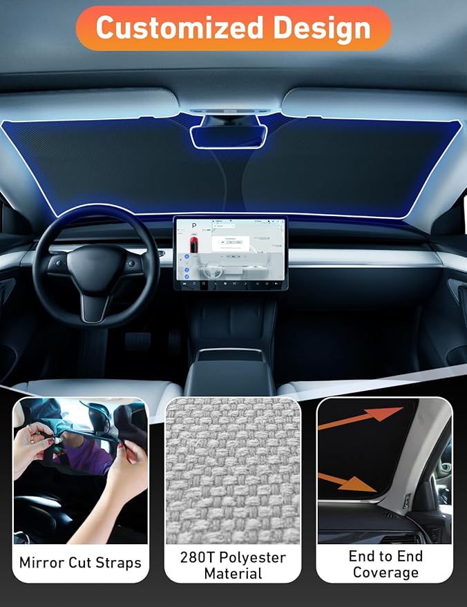 EcoNour Windshield Sun Shade Compatible for Tesla Model 3 & Model Y Juniper 2017-2024 2025 2026, Sun Visor for EV Front Window Sunshade, Foldable Heat & UV Protector, Car Accessories - Image 4