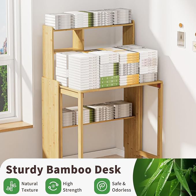 Folding Desk for Small Spaces, Bamboo Foldable Desk with Bookshelf, Natural | Small Computer Desk with Storage, Mid Century, Fold Out，Compact Size, for Bedroom, Living Room, Apartment, Home Office - Image 6