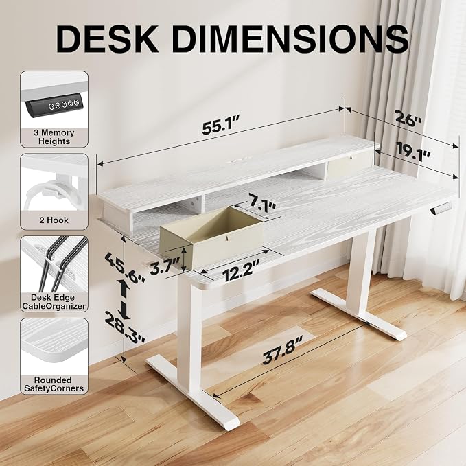 Veken 55x26 in Electric Standing Desk with Drawers, Adjustable Table, White | Stand up Computer Desk for Home Office, Work & Study, with Storage, 3 Memory Presets, Cable Organizer, Hook, and Quiet Lift. - Image 3
