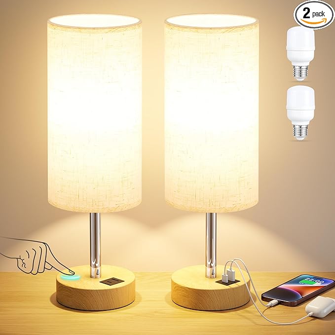 Dicoool Bedside Table Lamp Set of 2-3-Way Dimmable Touch Lamp, USB A+C | LED Bulb Included, USB C+A Charging Ports, Cream Fabric Lampshade, Metal Base, 14" Small Lamps for bedroom, Living Room by DicooolDirect