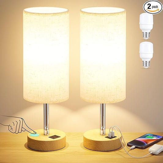 Dicoool Bedside Table Lamp Set of 2-3-Way Dimmable Touch Lamp, USB A+C | LED Bulb Included, USB C+A Charging Ports, Cream Fabric Lampshade, Metal Base, 14" Small Lamps for bedroom, Living Room by DicooolDirect