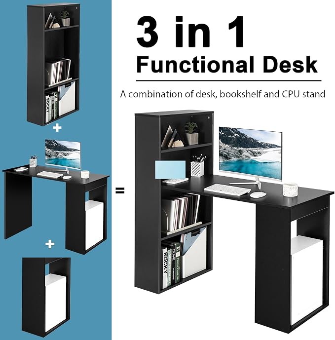 Tangkula Computer Desk with Bookshelf, Writing Study Desk with Storage Shelves & CPU Stand, Modern Compact Computer Workstation for Home & Office, Space-Saving Design (Black) | Bookcase Desk w/Bookshelf Storage Shelves & CPU Stand, Space-Saving Design ... - Image 5