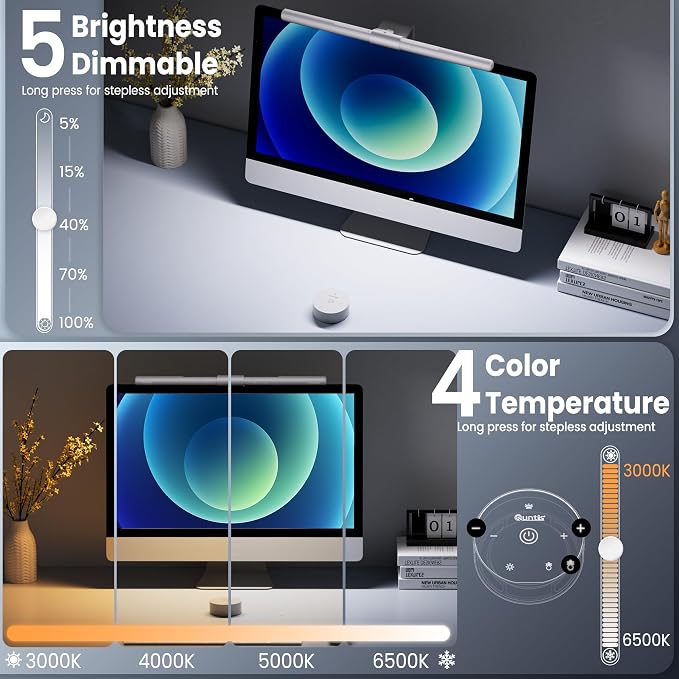 Quntis Monitor Light Bar Pro White, Eye-Care No Glare USB Computer Lamp, Stepless Dimming & Auto-Dimming Brightness, Dual Control, Modern Aesthetic Space Saving Desk Accessories Office Gaming Reading - Image 7