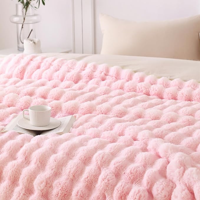 COOVA Faux Fur Throw Blanket for Couch, Cozy Soft and Fuzzy Plush Rabbit Fur Bubble Blanket for Sofa Bedroom Living Room, 50x60 Inches Light Pink - Image 3