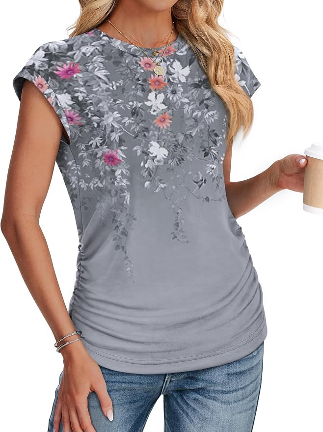 Sampeel Womens Summer Tops Trendy 2026 Ruched Cap Short Sleeve Tshirts Shirts Crew Neck T Shirts Fashion - Image 3