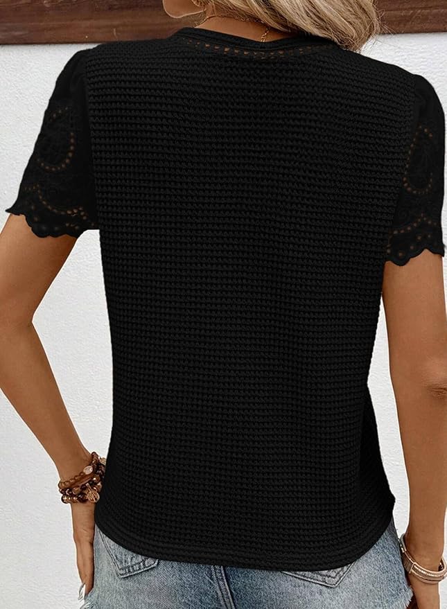 SHEWIN Womens Frenchy Summer Tops Crewneck Short Sleeve T Shirts Casual Waffle Knit Jacquard Blouses Top Shirts - Image 2