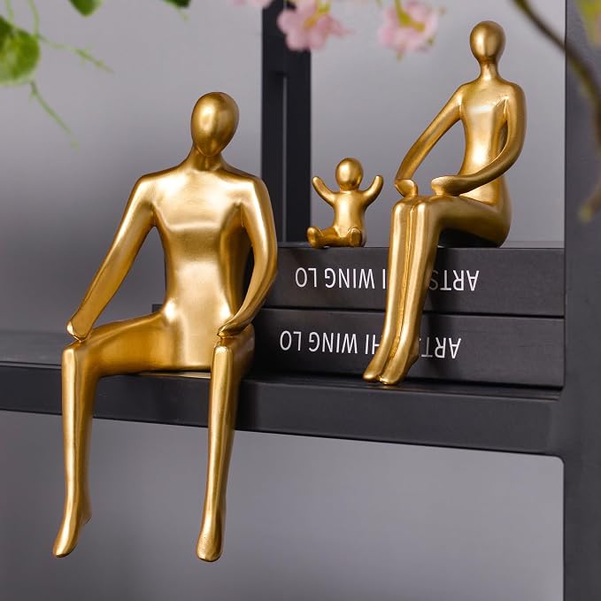Quoowiit Gold Decor Family Statue Shelf Decor, Abstract Modern Home Decorations Family Sculpture, Minimalist Miniature Coffee Table Ornament Figurines for Office Bookshelf Living Room Bedroom 3 Piece by Quoowiit