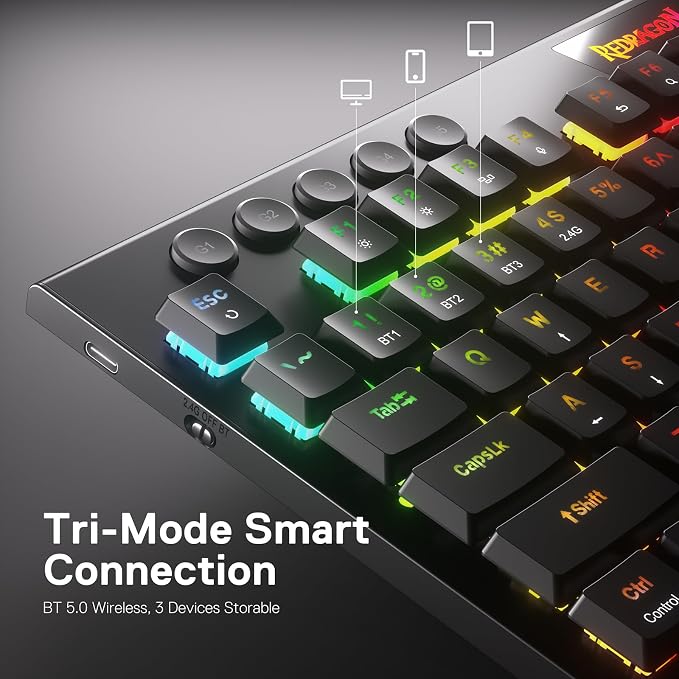Redragon K618 PRO Wireless Ultra-Thin Gaming Keyboard, Macro & Media Scroll | 0-Delay Tri-Mode, 5 On-Board Keybinding G Buttons for MMO MOBA Games, Dedicated Media Control, Easy-Switch Win/Mac Compatible - Image 4