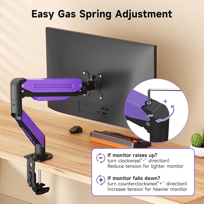 Suptek Monitor Mount Gas Spring Monitor Arm Desk Mount Fully Adjustable Fits 17-35 inch Monitors Weight Capacity up to 24.25 lbs, Black+Purple - Image 5