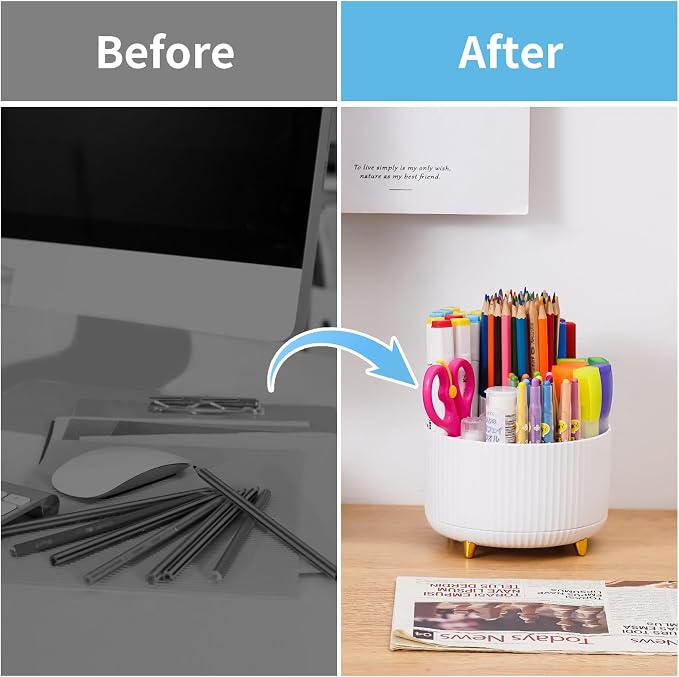 Marbrasse Desk Organizer, 360-Degree Rotating Pen Holder, Desk Organizers and Accessories with 5 Compartments Pencil Holder, Art Supply Storage Box Caddy for Office, Home（White） - Image 7