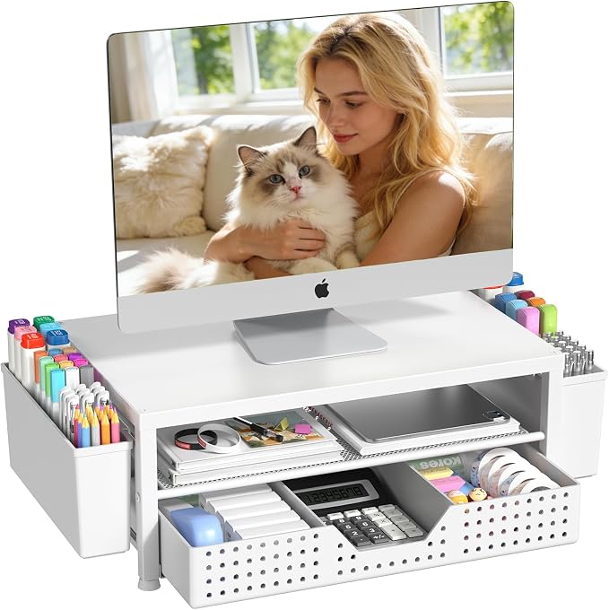 OPNICE Desk Organizers and Accessories, 2-Tier Computer Monitor Stand Riser with Drawer and 2 Pen Holders, Laptop Stand, Office Desk Accessories for Office Supplies, White by OPNICE